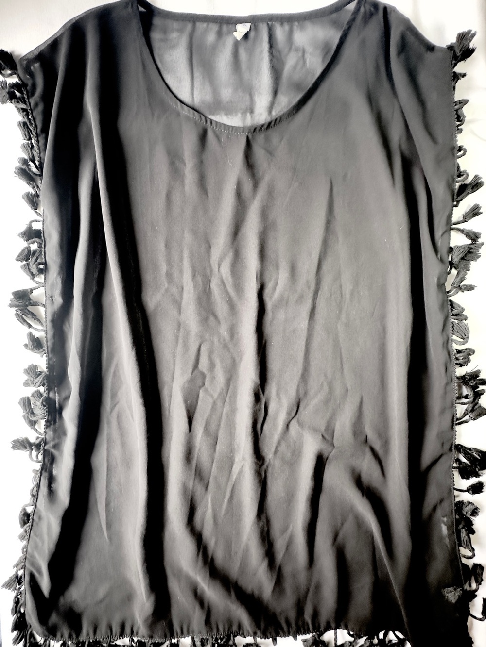 GD Key Sheer Black Tassel-Trim Swim Coverup